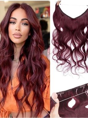 Premium fiber Wavy Burgundy invisible wire Extensions - Rich Wine Red 14”